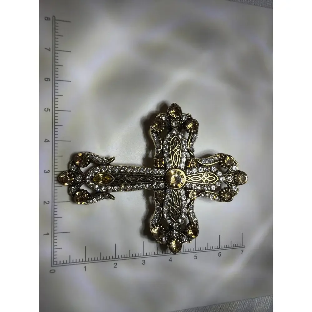 Vintage Gold Tone Cross Brooch Amber Clear Rhinestone Filigree Religious Pin